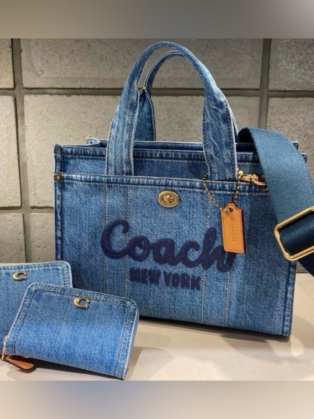 Coach Denim Logo Tote with Gold-Tone Charm Accents - Blue